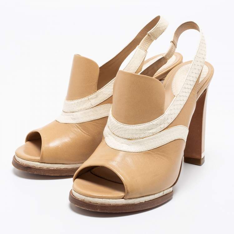 Pre Owned Chloe Beige/White Snakeskin Embossed And Leather Slingback Sandals Size 38.5
