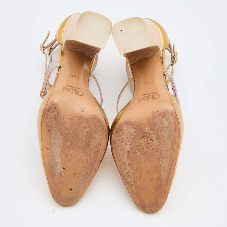 مملوكة مسبقًا Chloe Metallic Gold Leather Block Heel Ankle Strap Sandals Size 39.5
