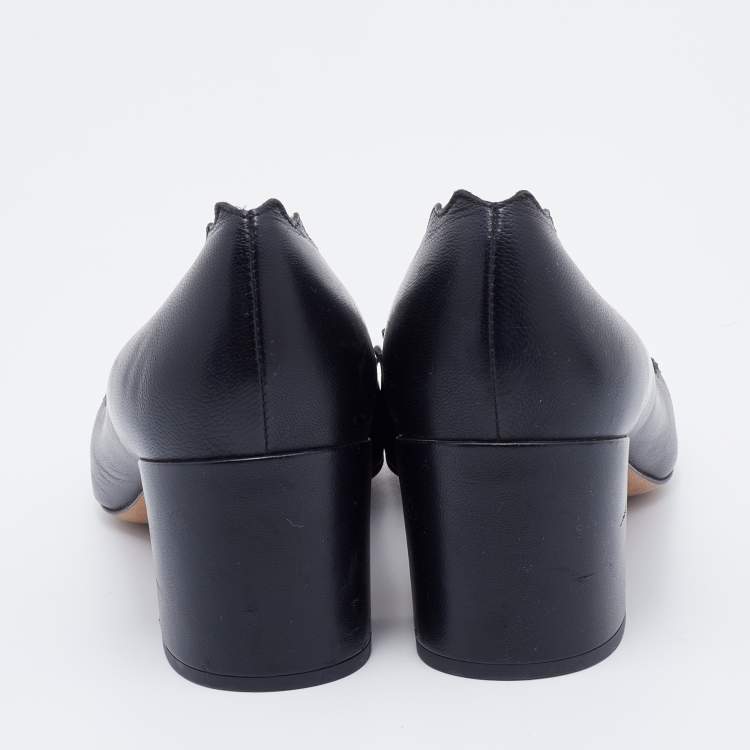 Pre Owned Chloe Black Leather Lauren Scallop Trim Block Heel Pumps Size 38