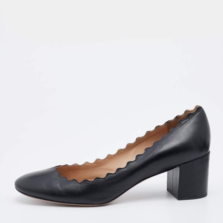 Pre Owned Chloe Black Leather Lauren Scallop Trim Block Heel Pumps Size 38