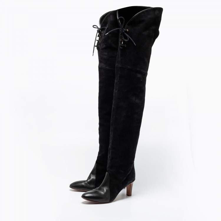 مملوكة مسبقًا Chloe Black Suede And Leather Thigh Length Boots Size 39