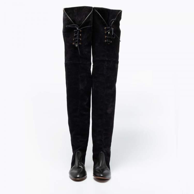 مملوكة مسبقًا Chloe Black Suede And Leather Thigh Length Boots Size 39