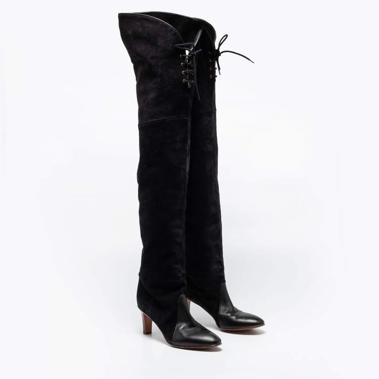 مملوكة مسبقًا Chloe Black Suede And Leather Thigh Length Boots Size 39
