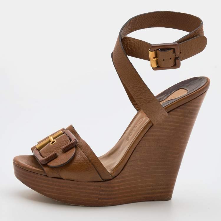 Pre Owned Chloe Brown Leather Buckle Detail Platform Wedge Ankle Strap Sandals Size 39