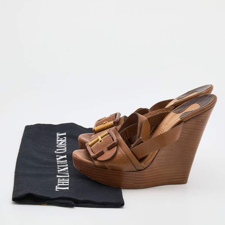 Pre Owned Chloe Brown Leather Buckle Detail Platform Wedge Ankle Strap Sandals Size 39