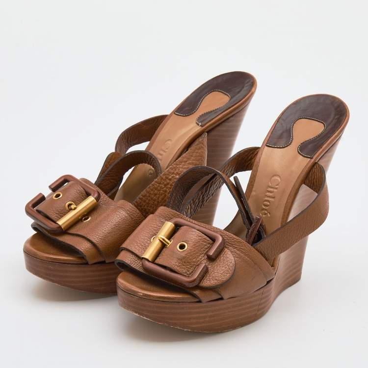 Chloe Brown Leather Buckle Detail Platform Wedge Ankle Strap