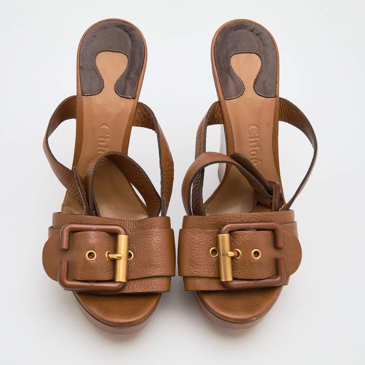 Pre Owned Chloe Brown Leather Buckle Detail Platform Wedge Ankle Strap Sandals Size 39