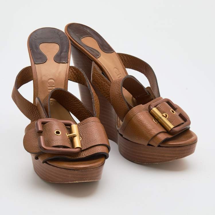 Pre Owned Chloe Brown Leather Buckle Detail Platform Wedge Ankle Strap Sandals Size 39