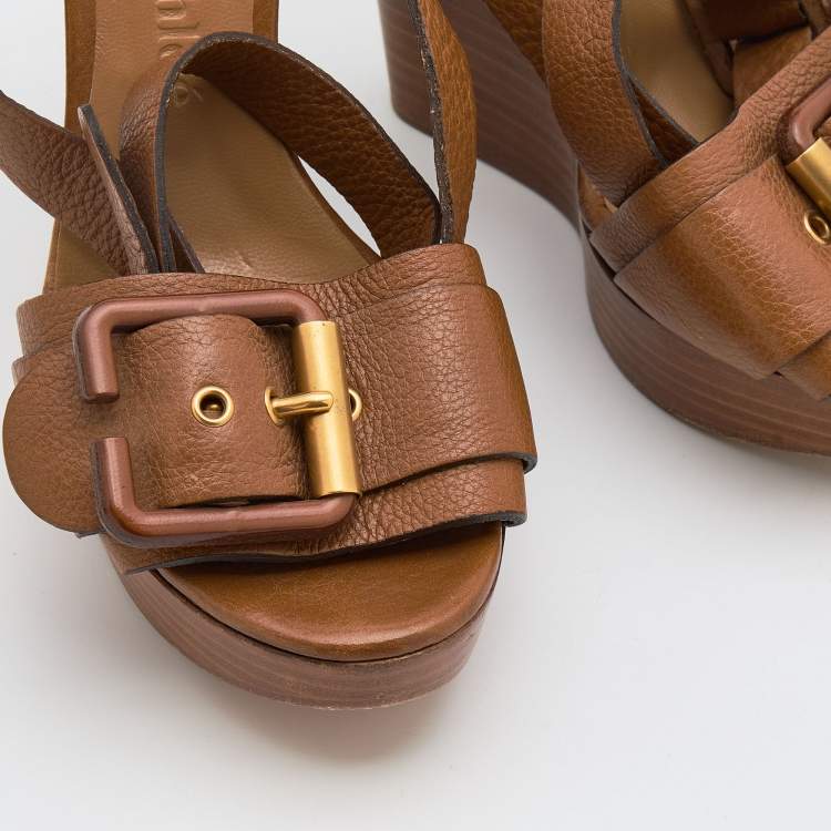 Pre Owned Chloe Brown Leather Buckle Detail Platform Wedge Ankle Strap Sandals Size 39