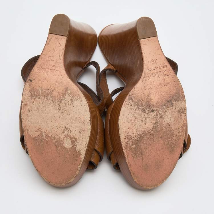 Pre Owned Chloe Brown Leather Buckle Detail Platform Wedge Ankle Strap Sandals Size 39