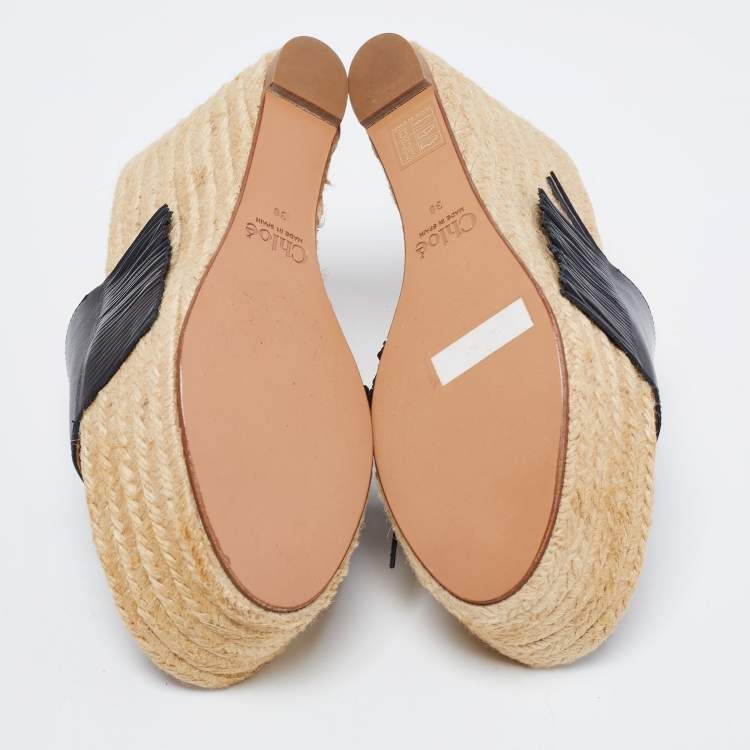 Pre Owned Chloe Black Leather Wedge Espadrille Platform Sandals Size 38