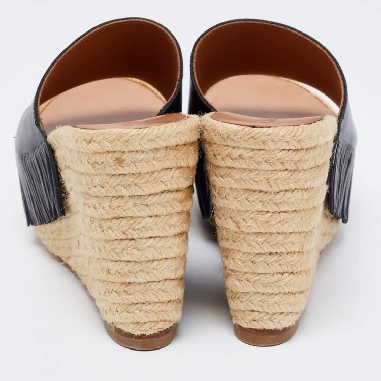 Pre Owned Chloe Black Leather Wedge Espadrille Platform Sandals Size 38