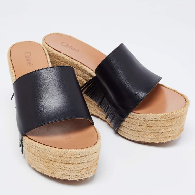 Pre Owned Chloe Black Leather Wedge Espadrille Platform Sandals Size 38