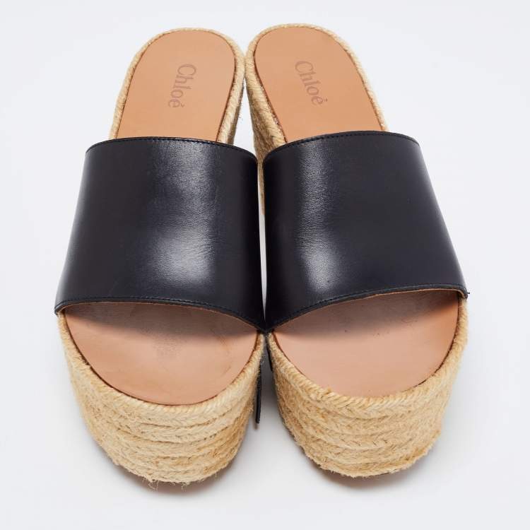 Pre Owned Chloe Black Leather Wedge Espadrille Platform Sandals Size 38