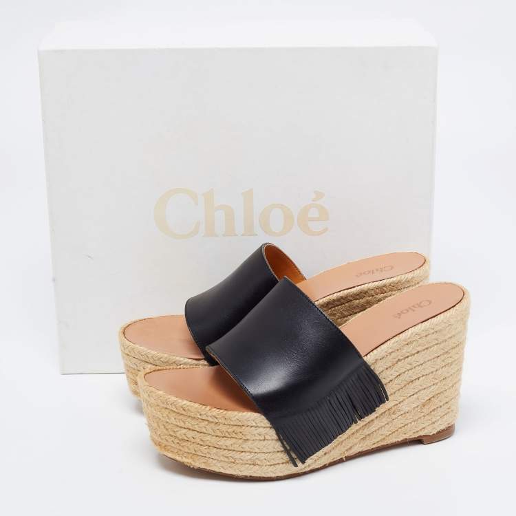 Pre Owned Chloe Black Leather Wedge Espadrille Platform Sandals Size 38