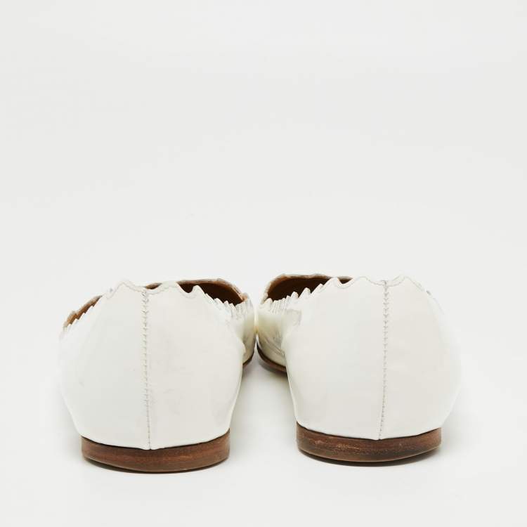 Pre Owned Chloe White Patent Leather Lauren Scalloped Ballet Flats Size 38.5