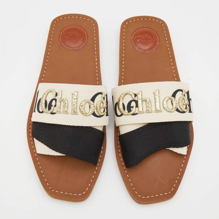 Pre Owned Chloe Cream/Black Nylon Embroidered Woody Flat Sandals Size 39