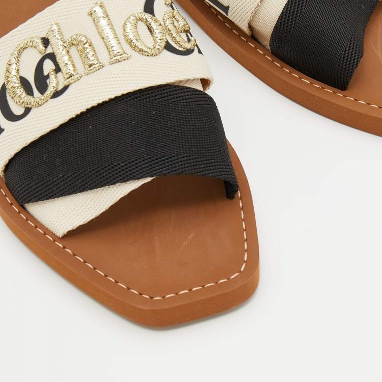 Pre Owned Chloe Cream/Black Nylon Embroidered Woody Flat Sandals Size 39