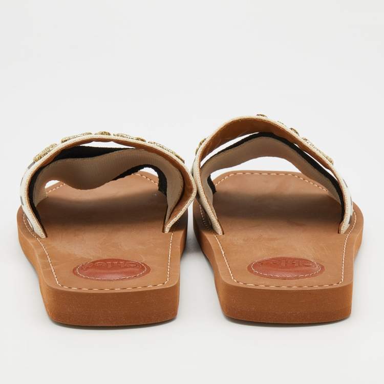 Pre Owned Chloe Cream/Black Nylon Embroidered Woody Flat Sandals Size 39