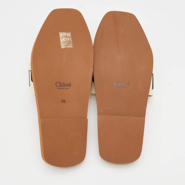 Pre Owned Chloe Cream/Black Nylon Embroidered Woody Flat Sandals Size 39