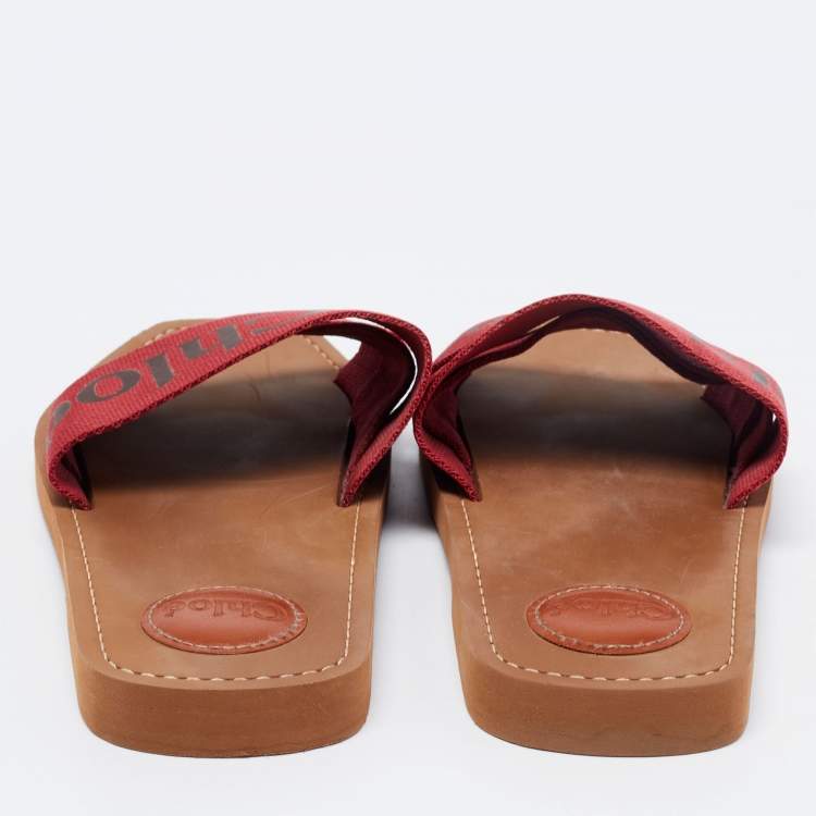 Pre Owned Chloe Red Logo Canvas Woody Flat Slides Size 40 