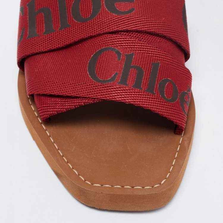 Pre Owned Chloe Red Logo Canvas Woody Flat Slides Size 40 