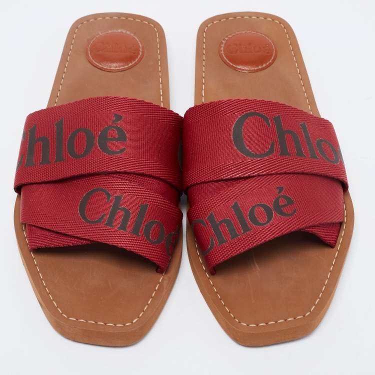 Pre Owned Chloe Red Logo Canvas Woody Flat Slides Size 40 