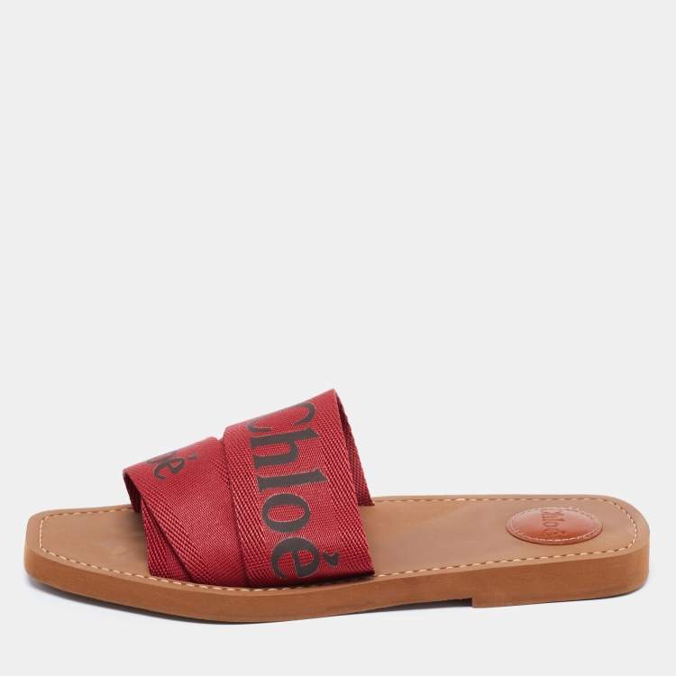 Pre Owned Chloe Red Logo Canvas Woody Flat Slides Size 40 