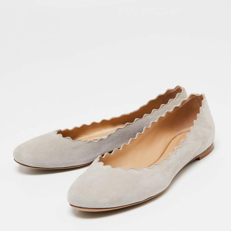 Chloe Light Grey Scalloped Suede Lauren Ballet Flats Size 35.5