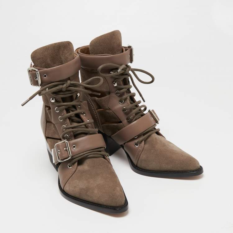 Pre Owned Chloé Rylee Brown Suede And Leather Buckled Ankle Boots Size 40