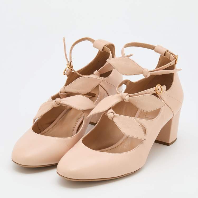 Pre Owned Chloe Beige Leather Three Bows Mike Ankle Strap Pumps Size 38