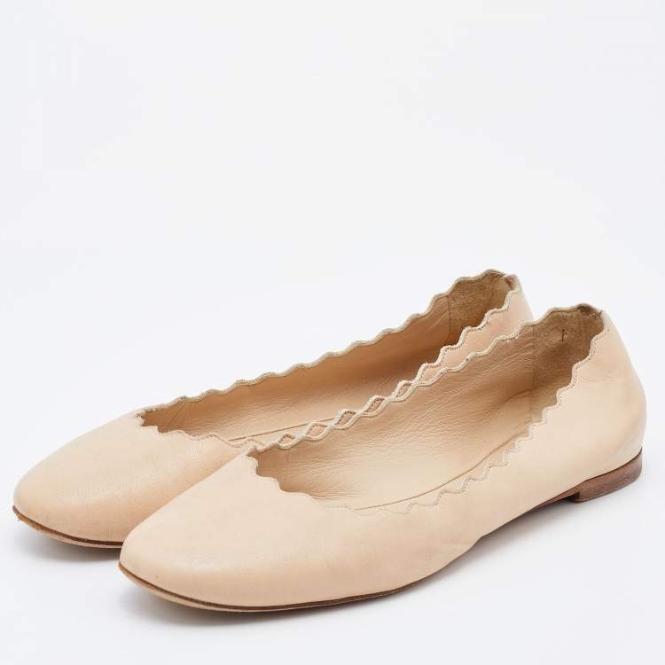 Pre Owned Chloe Beige Leather Lauren Scalloped Ballet Flats Size 36.5
