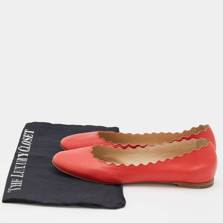 Pre Owned Chloe Coral Red Leather Lauren Scalloped Ballet Flats Size 36.5