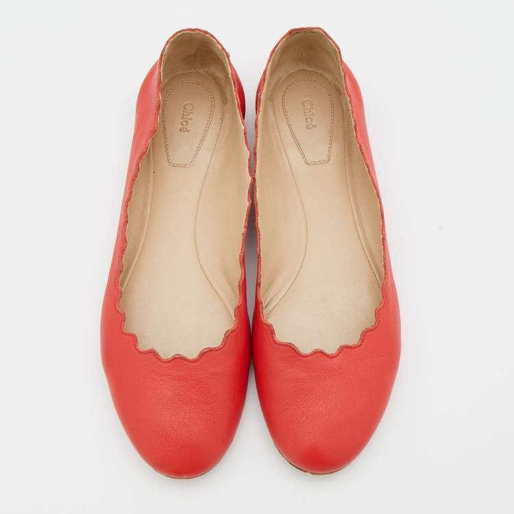 Pre Owned Chloe Coral Red Leather Lauren Scalloped Ballet Flats Size 36.5