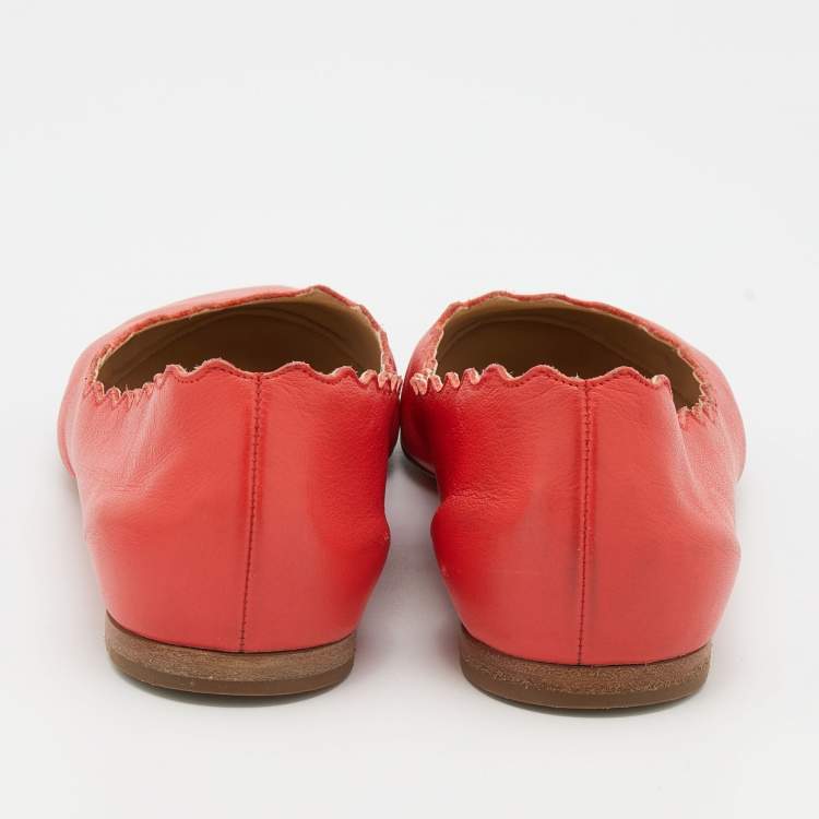 Pre Owned Chloe Coral Red Leather Lauren Scalloped Ballet Flats Size 36.5