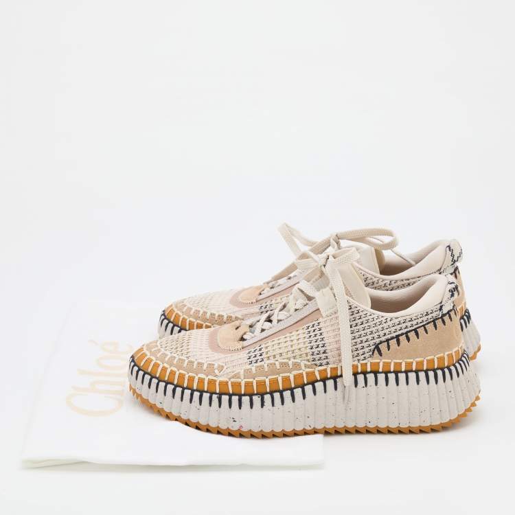 Pre Owned Chloe Multicolor Knit Fabric and Suede Nama Low Top Sneakers Size 38