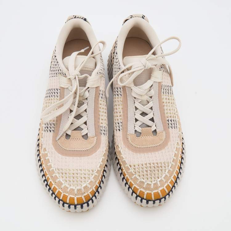 Pre Owned Chloe Multicolor Knit Fabric and Suede Nama Low Top Sneakers Size 38