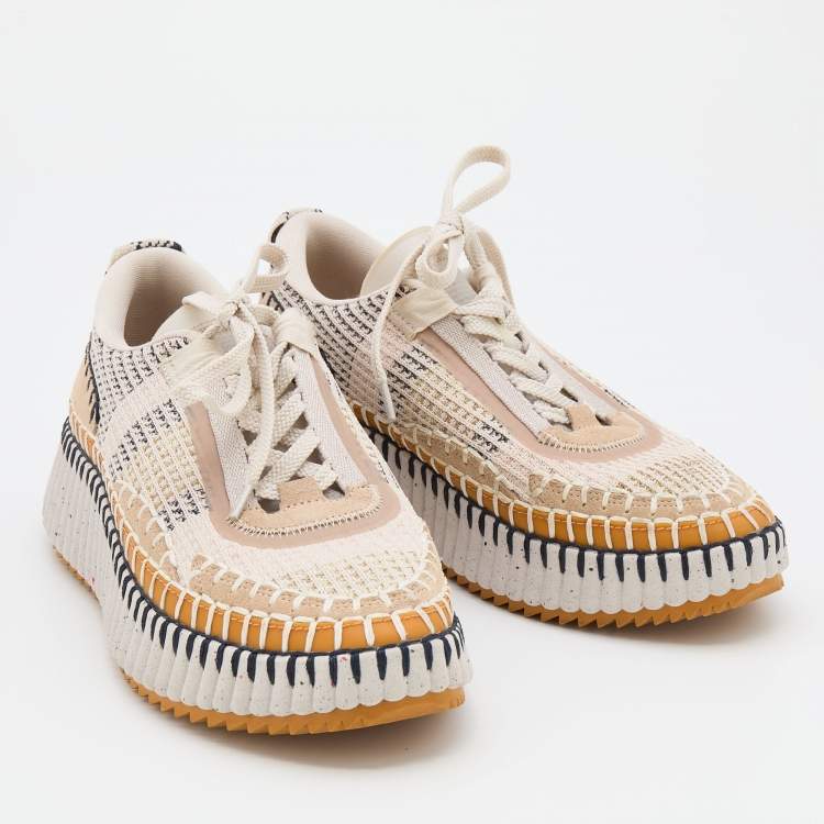 Pre Owned Chloe Multicolor Knit Fabric and Suede Nama Low Top Sneakers Size 38