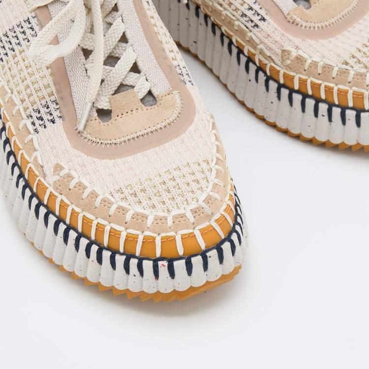 Pre Owned Chloe Multicolor Knit Fabric and Suede Nama Low Top Sneakers Size 38