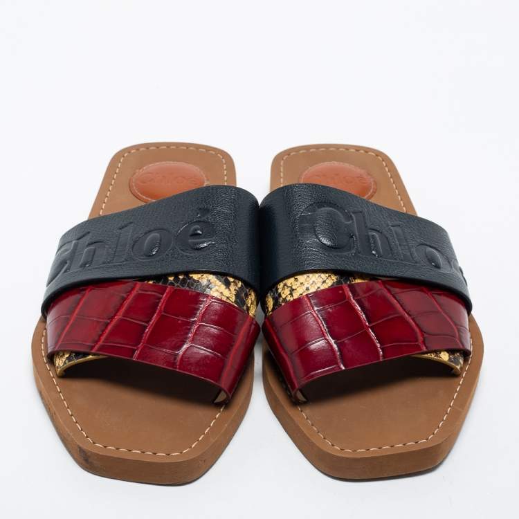 Pre Owned Chloe Multicolor Python Embossed and Croc Embossed Leather Flat Slides Size 37