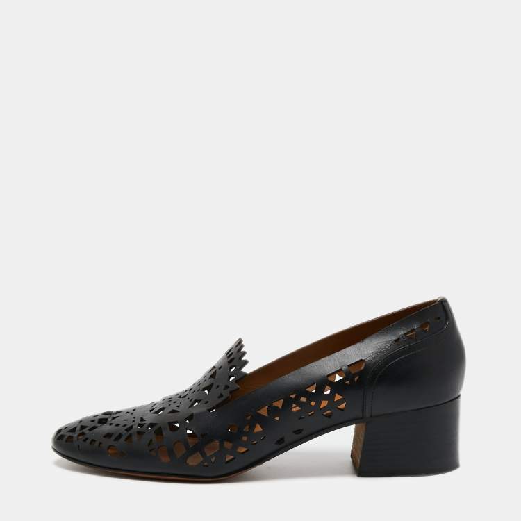 Pre Owned Chloe Black Laser Cut Out Leather Block Heel Pumps Size 41.5