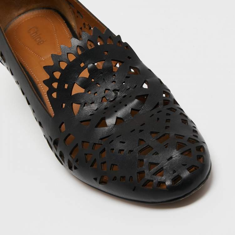 Pre Owned Chloe Black Laser Cut Out Leather Block Heel Pumps Size 41.5