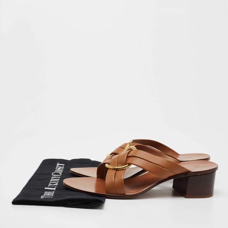 مملوكة مسبقًا Chloe Brown Leather Rony Block Heel Sandals Size 42