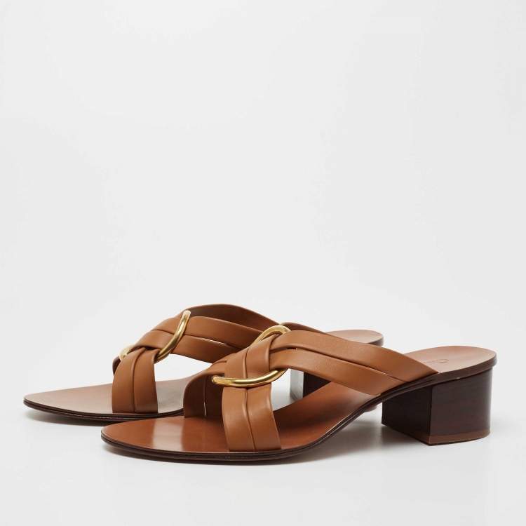 مملوكة مسبقًا Chloe Brown Leather Rony Block Heel Sandals Size 42