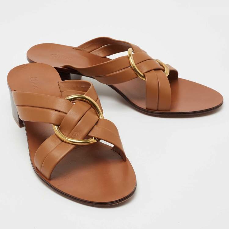 مملوكة مسبقًا Chloe Brown Leather Rony Block Heel Sandals Size 42