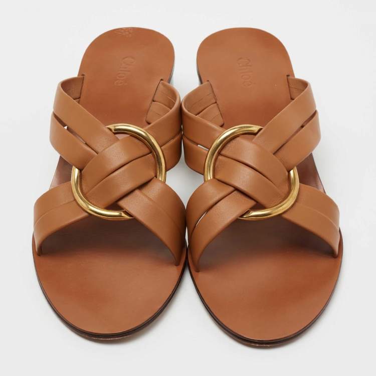 مملوكة مسبقًا Chloe Brown Leather Rony Block Heel Sandals Size 42
