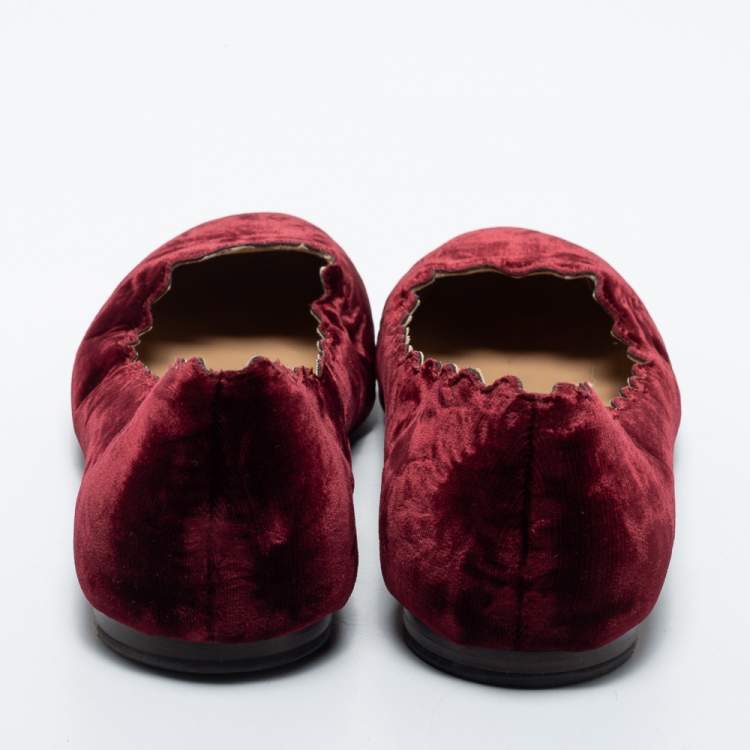 Pre Owned Chloe Burgundy Velvet Scalloped Edge Ballerina Ballet Flats Size 41