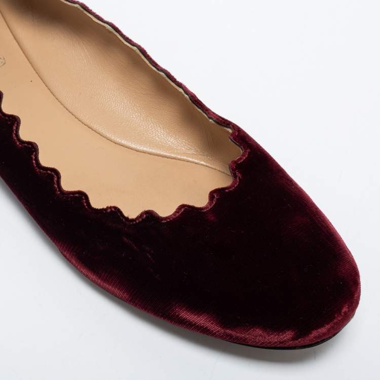 Pre Owned Chloe Burgundy Velvet Scalloped Edge Ballerina Ballet Flats Size 41