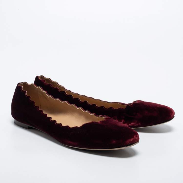Pre Owned Chloe Burgundy Velvet Scalloped Edge Ballerina Ballet Flats Size 41