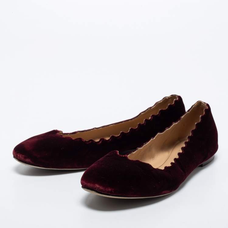 Pre Owned Chloe Burgundy Velvet Scalloped Edge Ballerina Ballet Flats Size 41